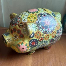 Piggy Coin Bank Ceramic Large Boho Colorful Cute Pig Hippie Folk Art Rainbow