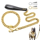 Dog Chain Collar & Leash Cuban Link Heavy Duty Stainless Steel Gold Silver 55cm