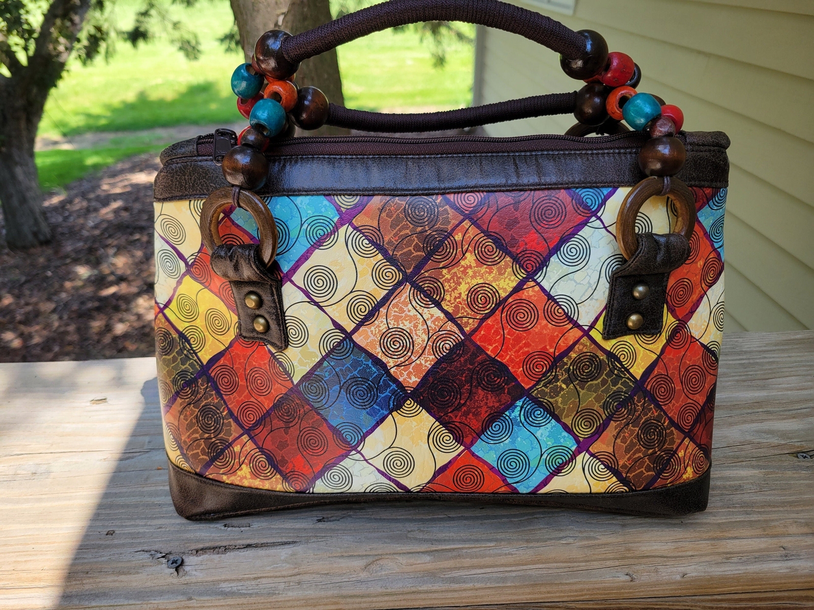 Handbag/purse earth colors diamond/boho scroll design-image