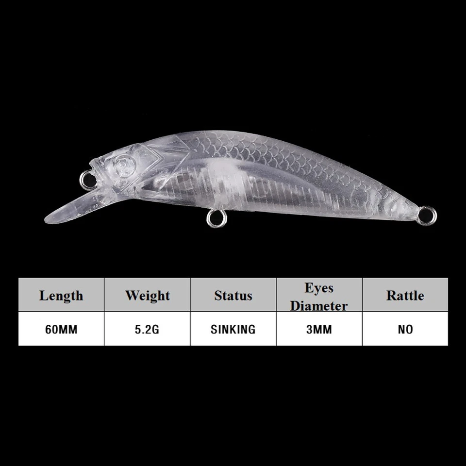 30PCS 6cm 5.2g Shallow Diver Sinking Minnow Unpainted Bait Blank Fishing Lure - Image 2 of 4