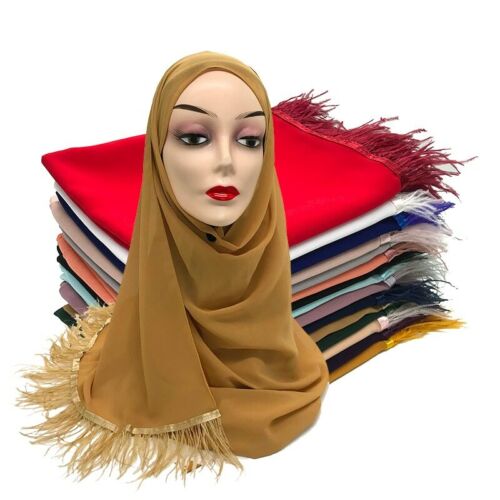 Women Chiffon Hijab Scarf Plain Feather Tassel Scarves Turban Shawls and Wraps - Picture 2 of 37