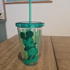 Disney Store Mickey Mouse Green Cup Tumbler with Straw Green Stripes