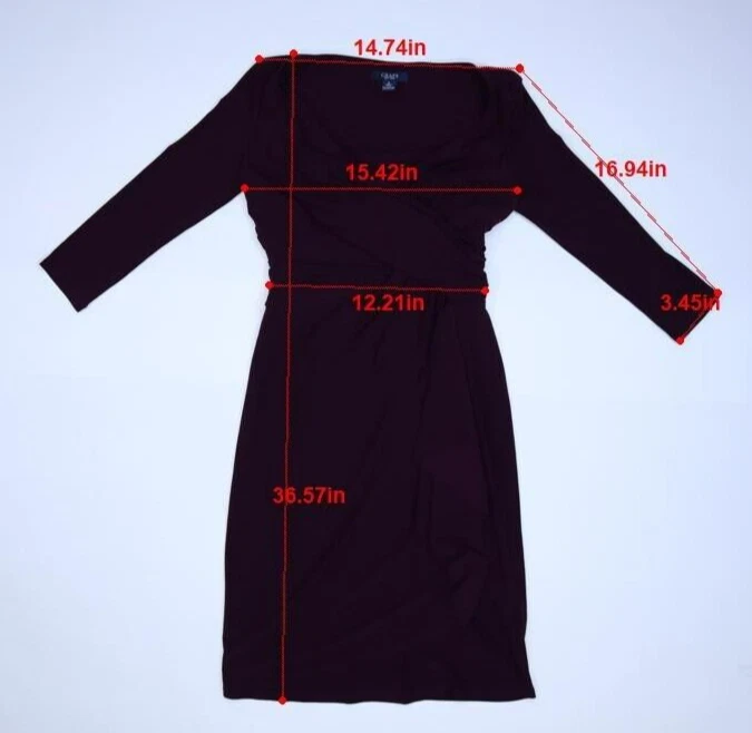 Chaps Womens Purple 3/4 Sleeve Stretch Ruched Side Deep V-Neck Faux Wrap Dress S - Image 2 of 4