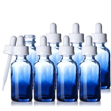 Blue Shaded 1oz Glass Bottles with White Glass Droppers 8 Pack. New 1oz Bottles