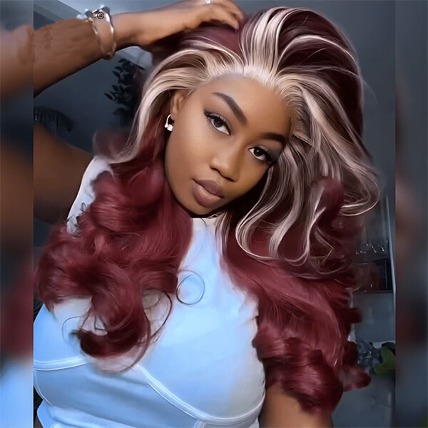 Long Body Wave Lace Front Wig Burgundy Red Highlight Blonde  display picture 1