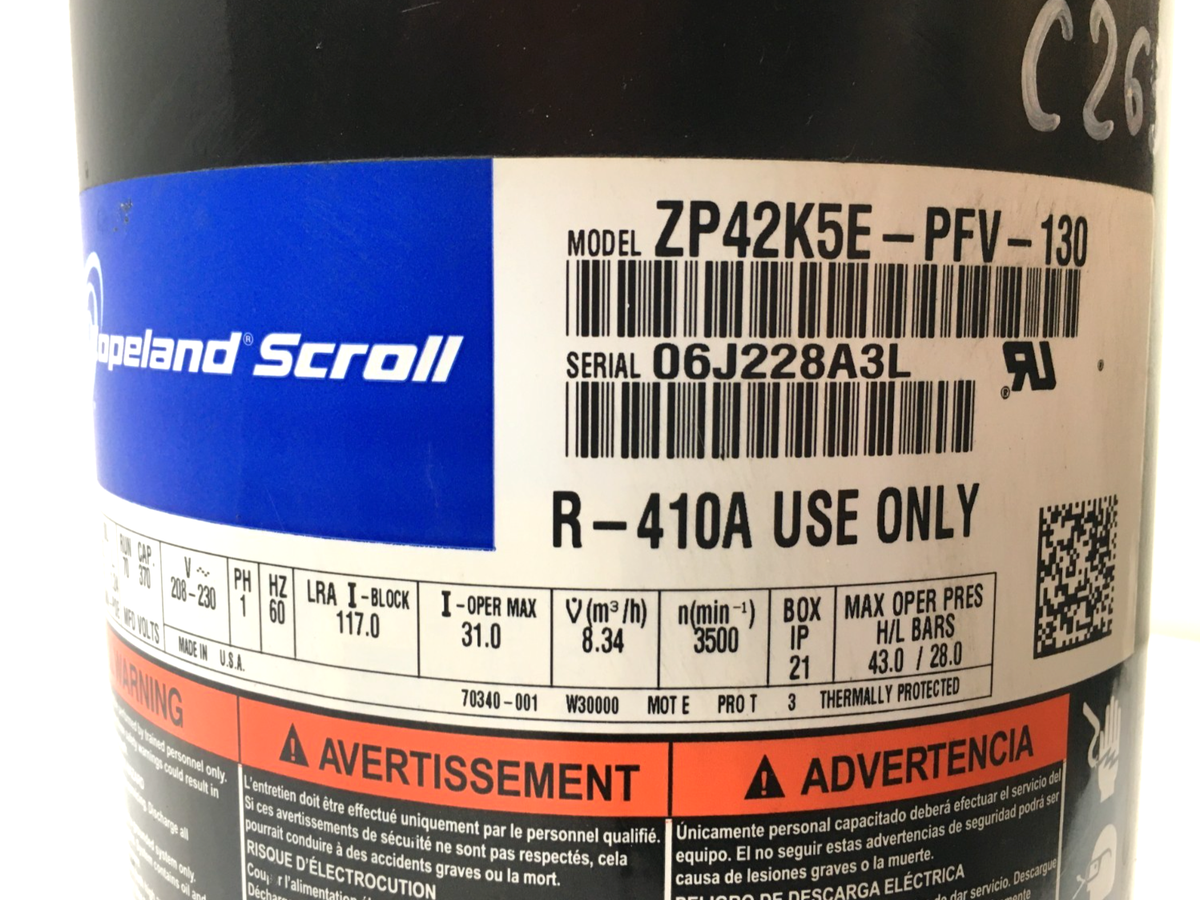 schlagwerk cp408 中古 Copeland 3.5 ton Scroll Compressor ZP42K5E-PFV-130 R-410A use only