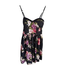 Band of Gypsies Black Floral Bustier Mini Dress Y2K Small Smocked Back Pockets