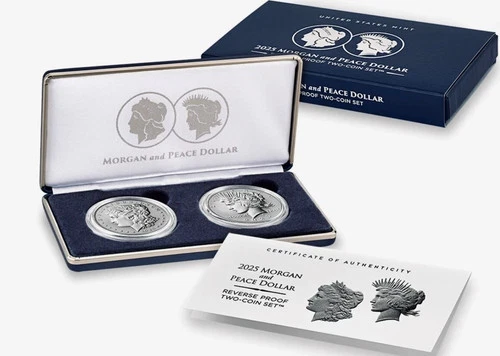 2pc Set - 2025-S Reverse Proof $1 Morgan and Peace Silver Dollar  Box ,OGP