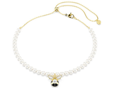 Crystal pearl, Mixed cuts, Bee, White, 18K gold plated