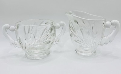 Vintage Clear Cut Glass Creamer & Sugar Bowl Set Etched Leaf Scroll Handles