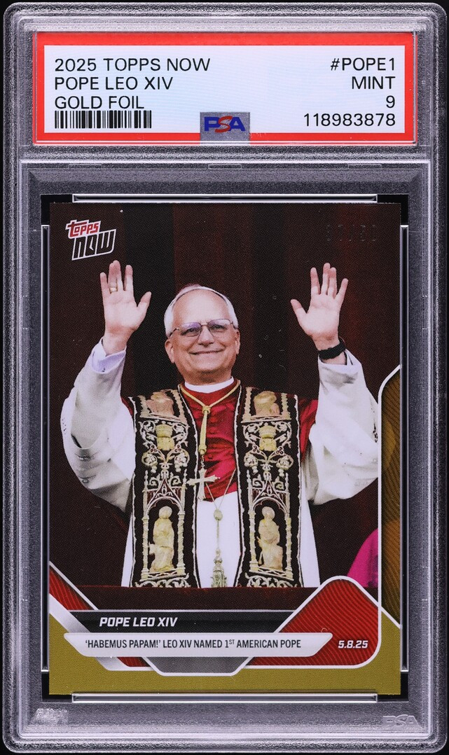 PSA 9 2025 Topps Now 1st American POPE LEO XIV Gold Foil /50 Rookie Card RC Mint