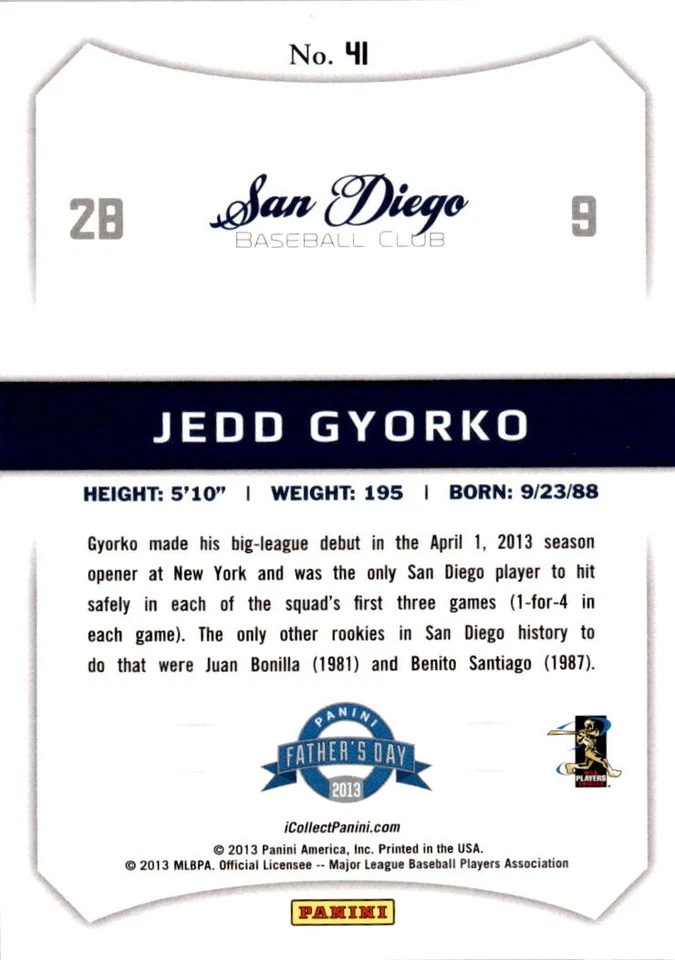 2013 Panini Father's Day #41 Jedd Gyorko #/499 San Diego Padres - Image 2 of 2