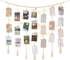 Macrame Hanging Photo Display Wall Decor W/ String Lights Boho Wooden Beads