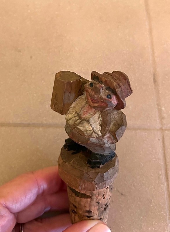 Carved Wooden Man with Beer Mug Cork Bottle Stopper