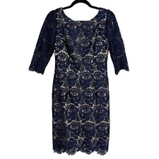 Eliza J Dress Royal Collection Sheath Navy Blue Lace 3/4 Sleeve V Back Size 6
