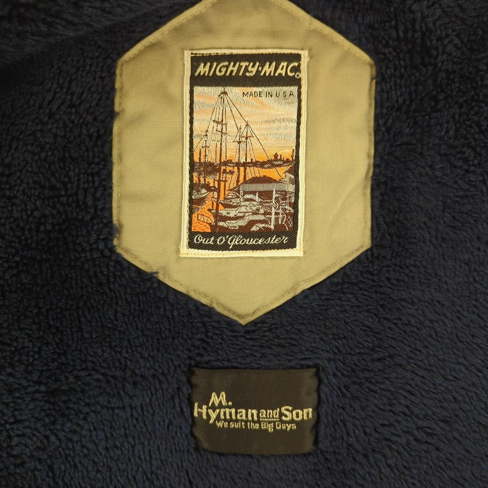 Mighty-Mac Jacket Mens XL VTG Tan Navy Sherpa Lined Collar Two Way Zip Made USA - Image 3 of 4