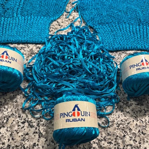 Pingouin Ruban Ribbon Yarn Turquoise Blue Lot of 5 Plus Pre-worked Knit Panels image 4