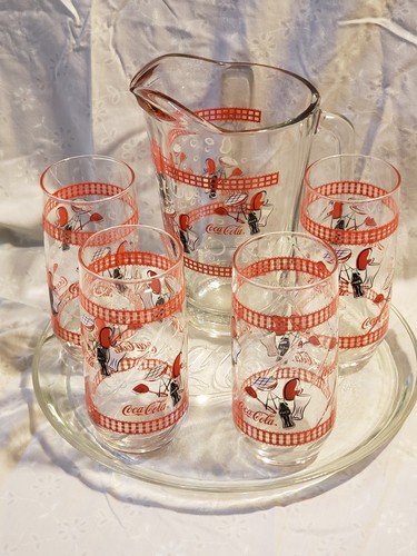 Coca-Cola B.B.Q. Picnic Pitcher, Platter & 4-20 Oz Tumbler Glass Set
