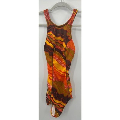 Vintage Speedo 70s Orange Abstract One Piece Swimsuit 34L Made in USA  