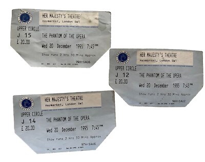 Vtg 1995 Phantom of the Opera Her Majesty's Theatre London Lot of 3 Ticket Stubs