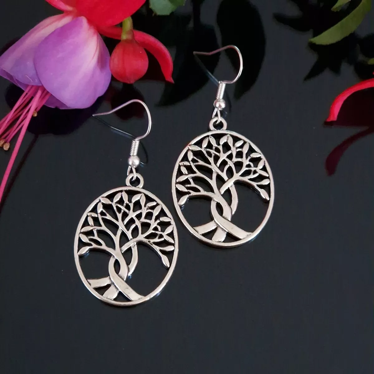 Tree of Life Family Tree Tibetan Silver Drop Earrings Boho Pagan