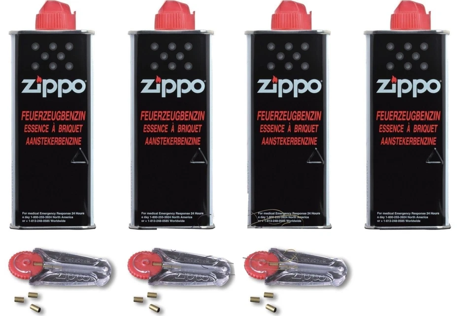 4 x ORIGINAL ZIPPO BENZIN + 3 x 6 Zippo Feuersteine - Spender ORIGINAL ZIPPO