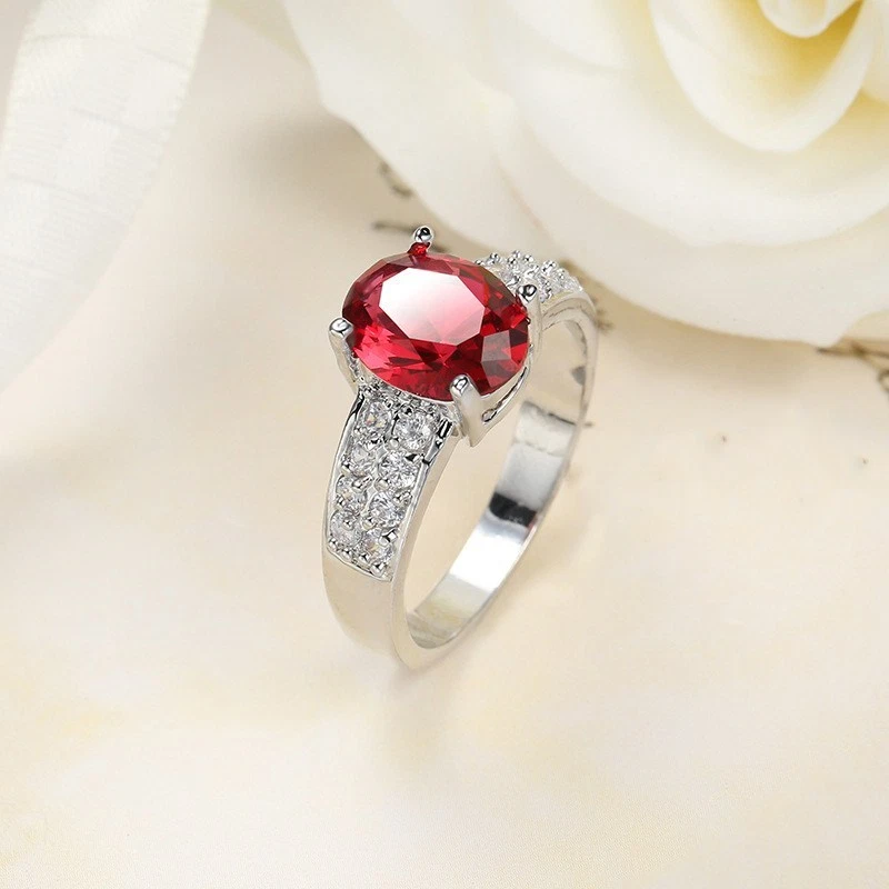 Anillo de compromiso para mujer corte ovalado rojo AAA circonita cúbica relleno de oro blanco talla 6/7/8/9/10 Foto 4 de 4