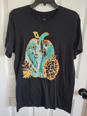 Crazy Train Women s Fall Marble Turquoise Pumpkin Leopard Print Black Tahirt Med