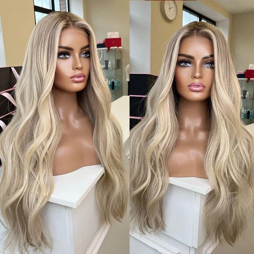 Long Wavy Layered Heat Resistant Hair Ombre Blonde Frontal Lace Wigs Women