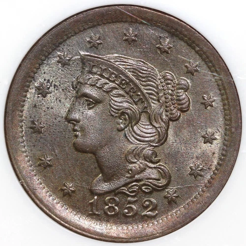 1852 1c N-1 Braided Hair Large Cent NGC and CAC MS 64 BN