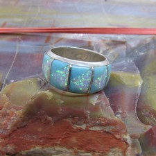 VINTAGE SOUTHWEST TURQUOISE AND OPAL ETERNITY RING SIZE 9.5 TO 10
