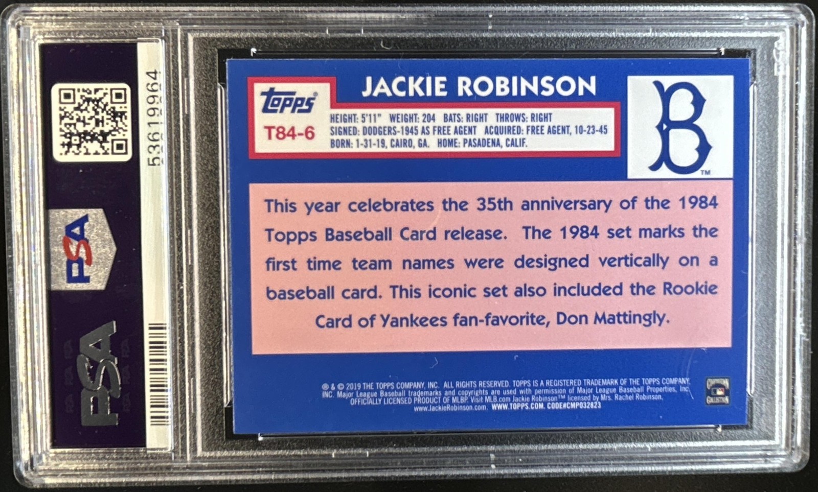 2019 Topps Jackie Robinson 1984 Baseball Chrome #T84-6 Dodgers PSA 10 GEM MINT view 2