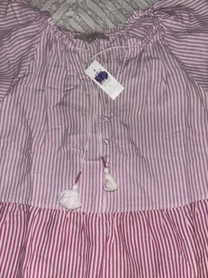 NWT LOFT Swing Dress Small Multi Striped Tiered Linen Blend Babydoll  Tasseled | eBay