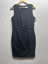 CALVIN KLEIN Women’s 8 Solid Black Double Buckle Waist Sheath Dress NWT