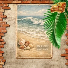 Ocean Wave Seashell Beach Distressed Retro Metal Tin Sign 8x12
