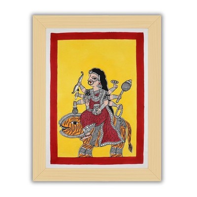 AAKARSHAK Madhubani Handgemaltes Rahmenbild Maa Durga Mehrfarbig Wanddeko
