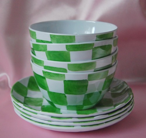 Green Checkered Melamine Plates set/4 Mackenzie 6.5" check emerald appetizer - Picture 5 of 5