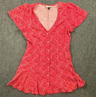 Universal Thread Red White Paisley Mini Dress V-Neck Button Front Linen Rayon M
