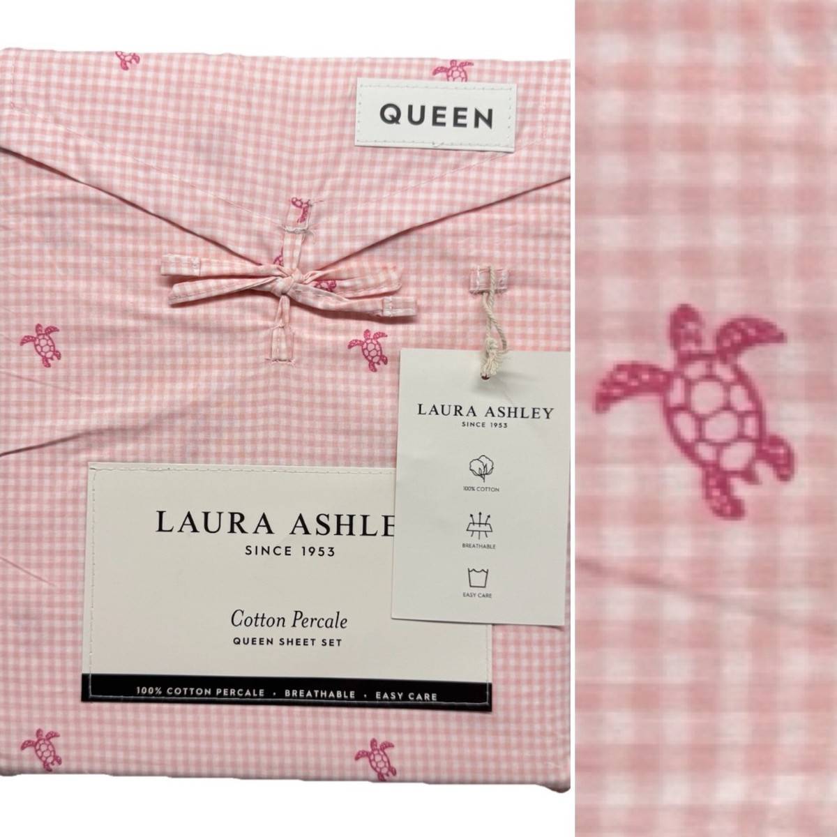 4pc Laura Ashley Pink Sea Turtle Gingham QUEEN Sheet Set Beach