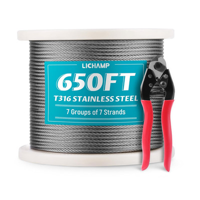 650FT 1/8'' Stainless Steel Wire Rope Cable, Aircraft 316 SS Braided Steel Wire T