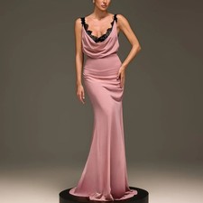 Dusty Pink Satin Mermaid Evening Dress Cowl Neck Black Lace Spaghetti Strap Gown