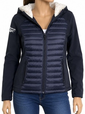 Reebok Women's M Black Puffer Jacket Quilted Full Zip Sherpa Lined Hood Collar
