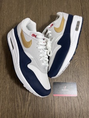 Size 8 - Nike Air Max 1 Olympic Metallic Gold Navy White Grey HM9604-400 (Clean)
