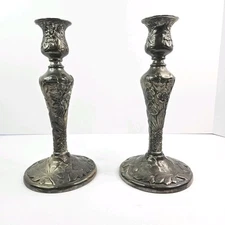 2 Vtg Silver Plate Candle Sticks 9" Tall 4.5" Bottom" Floral Pattern