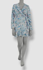 Bar III Women's Blue Floral Ruffle Surplice Self-Tie Wrap Dress Petite Size PXS