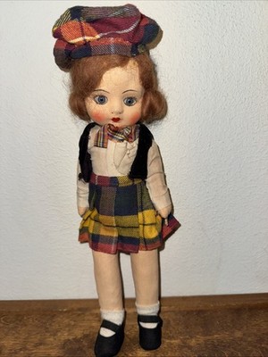 Vintage Chad Valley Cloth Scottish Girl Doll 12  Painted Face Glass Eyes