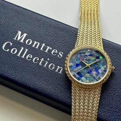MONTRES MS-008G-GOP Quarzuhr natürliches Opal-Zifferblatt blaues Goldarmband ...