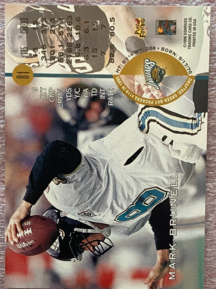 1996 Leaf #81 Mark Brunell Jacksonville Jaguars - Image 2 of 2