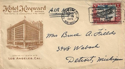 1929 Hotel Advertising, Airmail Cover from Los Angeles, CA to Detroit, MI - Picture 1 of 2