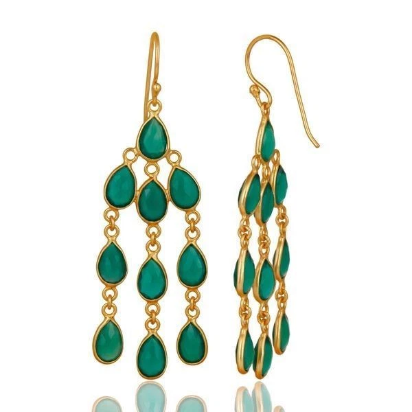 Pendientes de boda con araña de ónix verde pera de plata de ley 925 enchapados en oro de 14K Foto 2 de 4